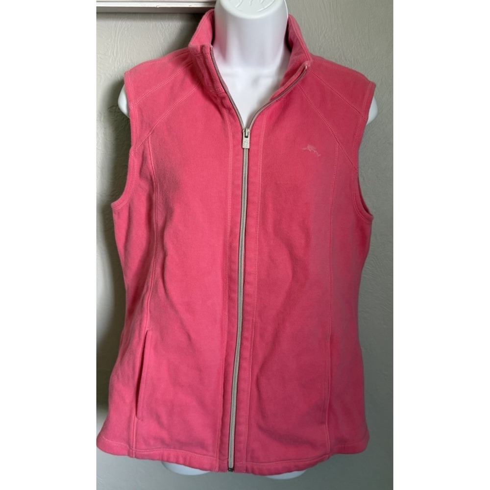 Tommy Bahama Vest Womens Size Medium Pink Full Zip High Neck Knit Pockets Sport
